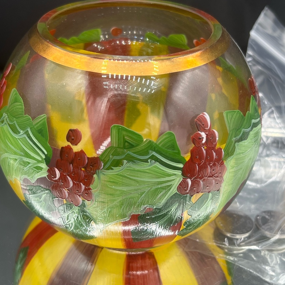 Mackenzie Childs Glass Bowl Votive Candle Holder Hand Painted Holly Floral Red
